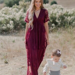PinkBlush Burgundy Mesh Overlay Lace Maxi Dress 1X